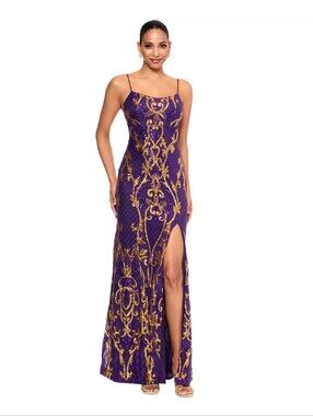 Betsy & Adam NWT 12P Purple Gold Sequin Lace Formal Gown Maxi Dress $269 Party